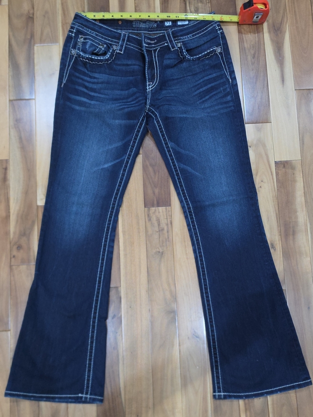 Miss Me Dark Blue Flare Jeans with White Contrast Stitching